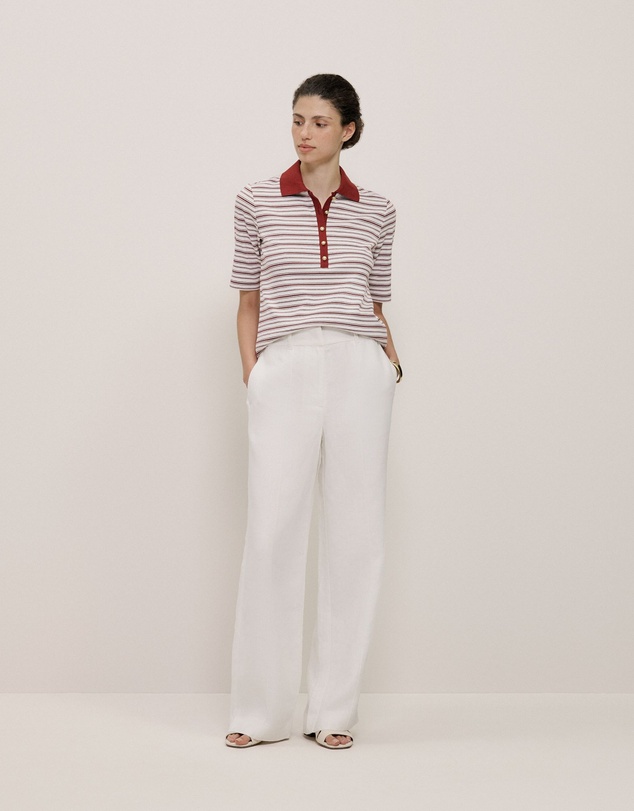 Trenery - Half Placket Stripe Polo in Russet