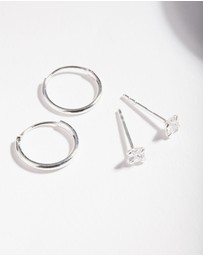 Lovisa - Sterling Silver Cubic Zirconia Princess Stud Hoop Earring Pack