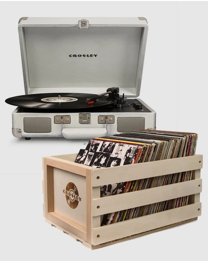 Crosley - Crosley Cruiser Bluetooth Portable Turntable - White Sands + Bundled Crosley Record Storage Crate