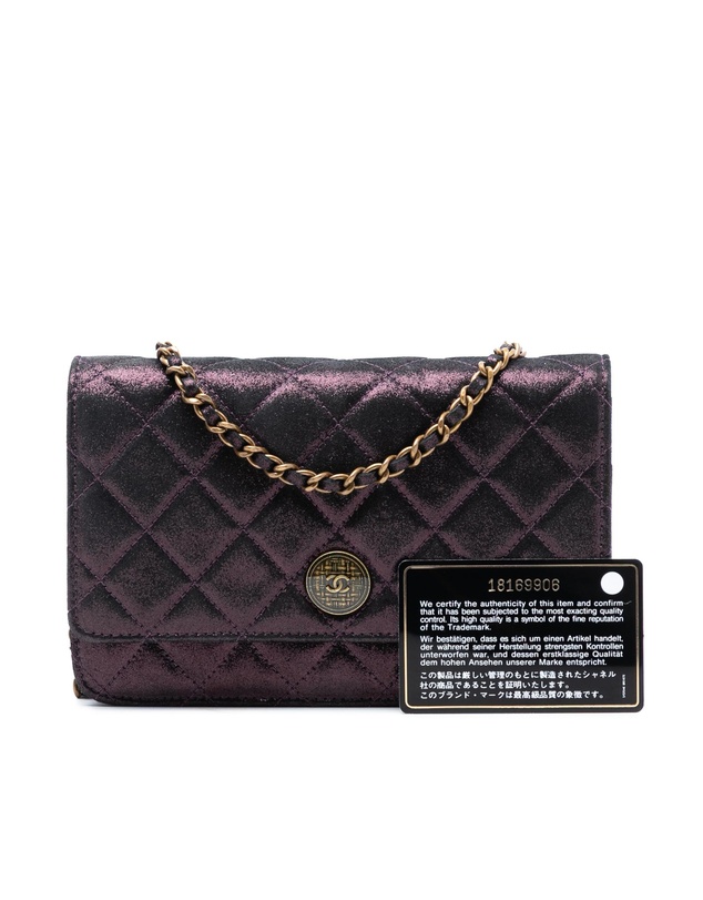Pre-Loved by Azura Reborn - Pre-Loved Quilted Iridescent Lambskin Tartan Button Wallet On Chain