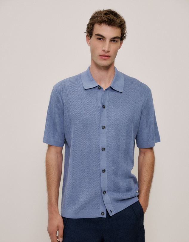Trenery - Linen Cotton Herringbone Knit Shirt in Smoke Blue