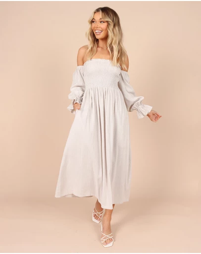 Petal & Pup - Domenica Shirred Long Sleeve Midi Dress - Beige Stripe