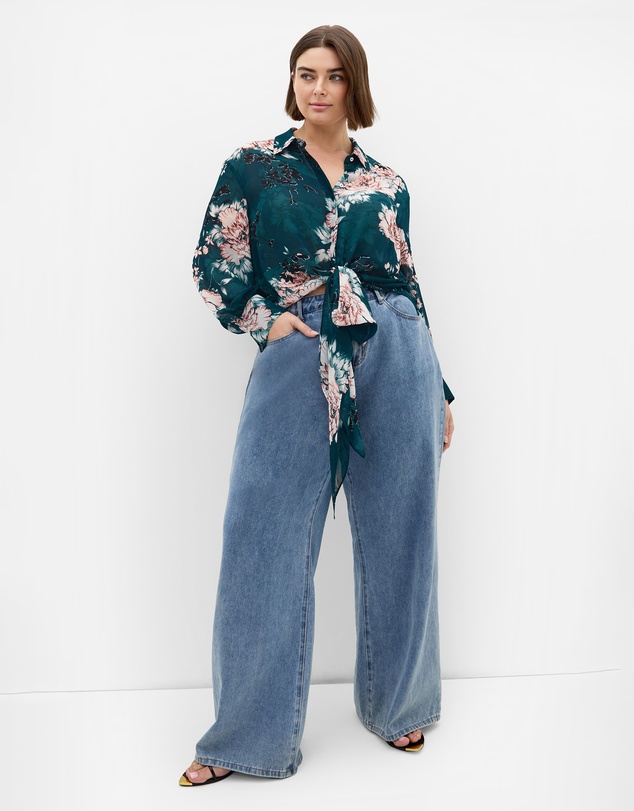 City Chic - Plus size Janine Blossom Print Tie Front Shirt - jade