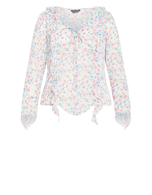 City Chic - Plus size Lidia Ruffle Print Top - cream
