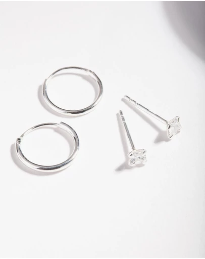 Lovisa - Sterling Silver Cubic Zirconia Princess Stud Hoop Earring Pack