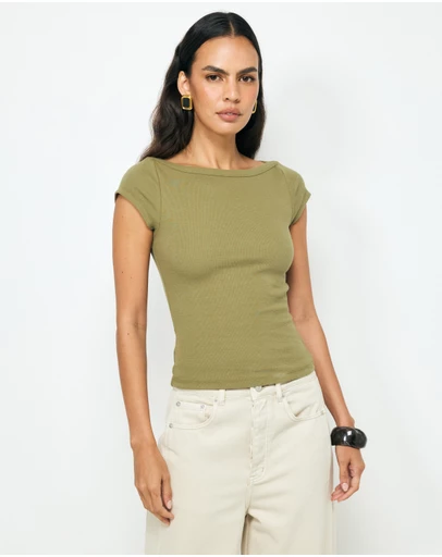 AERE - Boat Neck Cap Sleeve T-Shirt