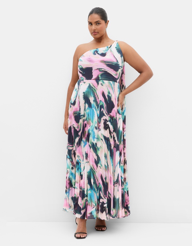 City Chic - Eloura One Shoulder Rippled Print Maxi Dress