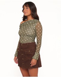 Petal & Pup - Ginevra Off Shoulder Mesh Top - Green Polka Dot