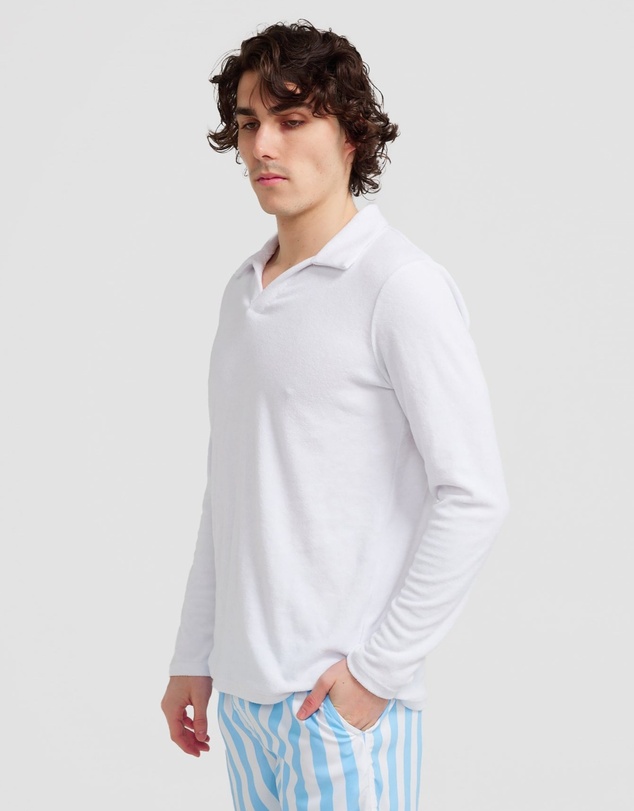 Vacay Swimwear - L/S White Terry Polo