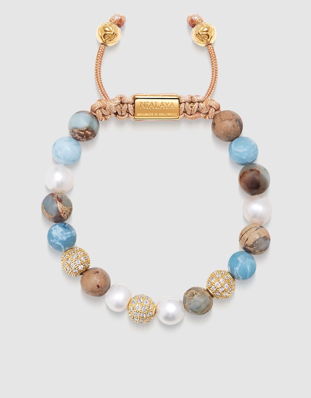 Nialaya Jewellery - Women's Beaded Bracelet with Pearl, Larimar, Opal and Gold