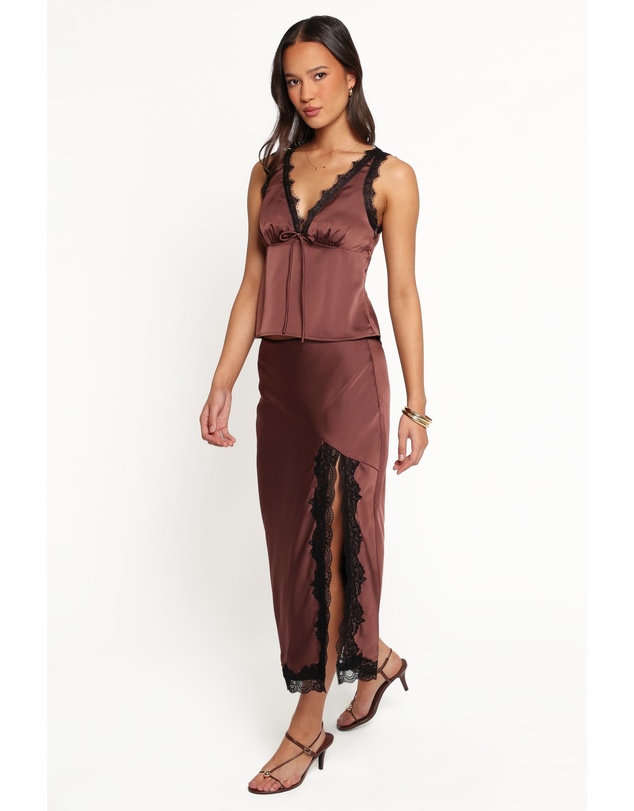 Petal & Pup - Theoni Slit Front Lace Trim Skirt - Brown