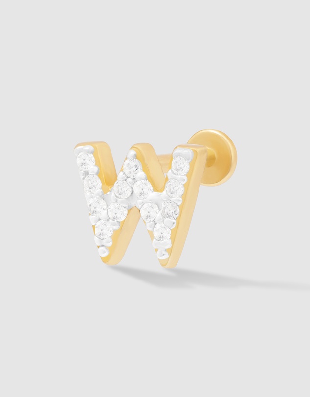 Wanderlust + Co - Alphabet Pave Gold Flat Back Earring - Letter W