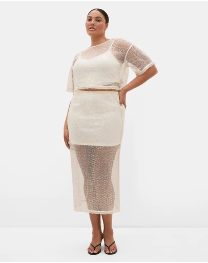 City Chic - Plus size Stardust Sequin Maxi Skirt - cream