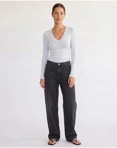 Style Addict - Margaux Deep V Henley Top - Baby Blue