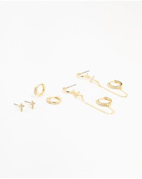 Lovisa - Gold Plated Brass Cross Stud & Chain Earrings 4-Pack