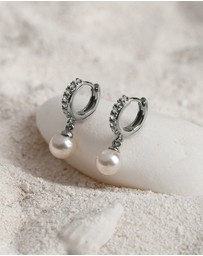 Wanderlust + Co - Pave Pearl Silver Drop 7mm Baby Huggie Earrings