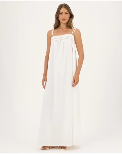 Atmos&Here - Eire Maxi Dress With Tie Straps And Shirring Detail In Linen Blend