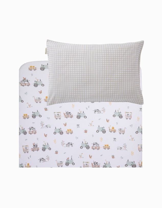 Living Textiles - Organic Port-a-Cot Fitted Sheet & Pillowcase - Tractor Ride