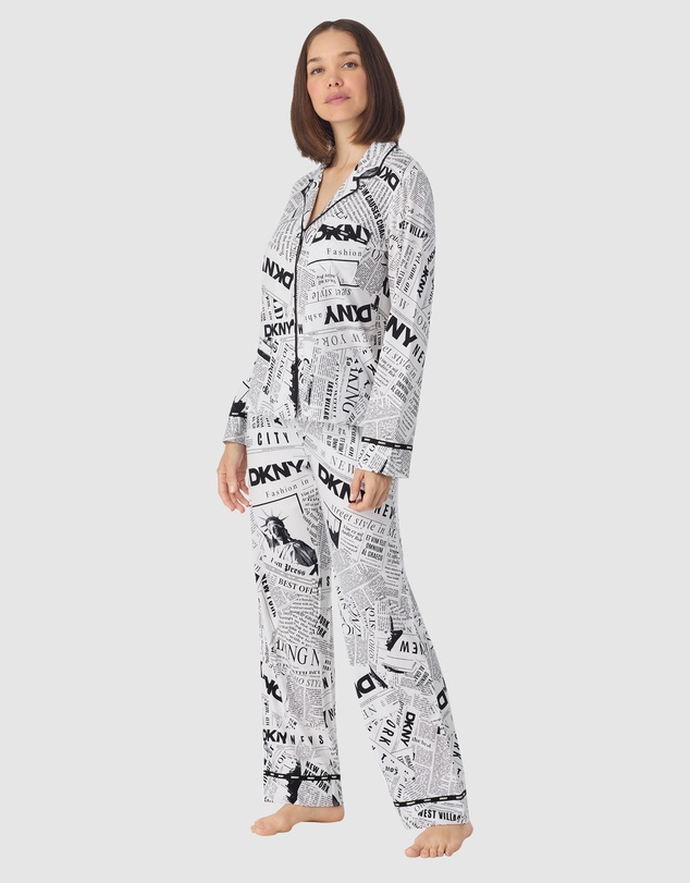 DKNY - Logo Print Cotton Jersey Button Up Long Sleeve Long Pyjama Set