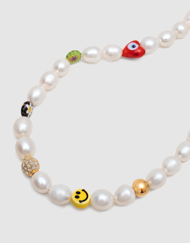 Nialaya Jewellery - Men's Smiley Face Pearl Choker with Assorted Beads
