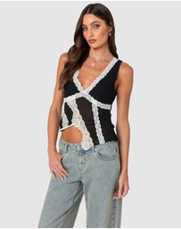 EDIKTED - Chiffon & Lace Sheer Asymmetric Top