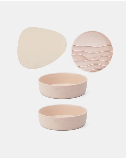 Lilly + Dash - Dog Eat and Drink Set – 2 Bowls + Lick Insert + Sand Placemat Set