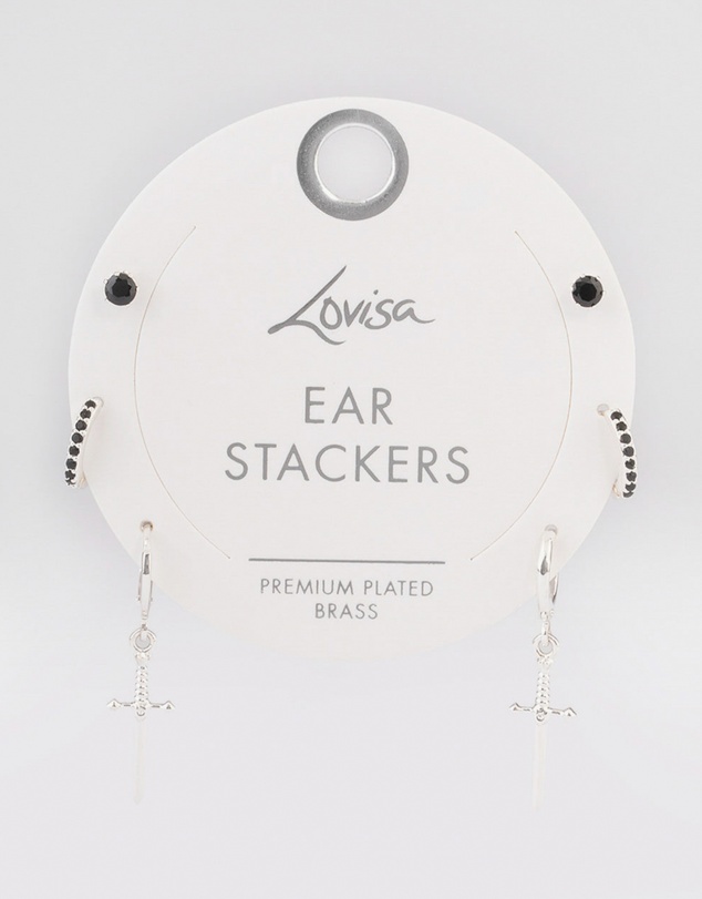 Lovisa - Silver Plated Brass  Cubic Zirconia Dagger Huggie Earrings Pack
