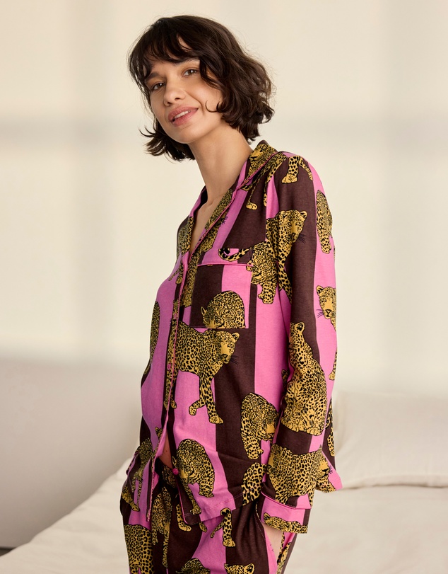 Chelsea Peers - Organic Cotton Stripe Leopard Long Pyjama Set