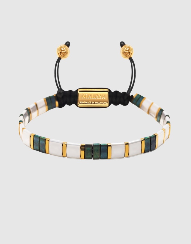 Nialaya Jewellery - Men's Bracelet With White, Patina Green And Gold Miyuki Tila Beads