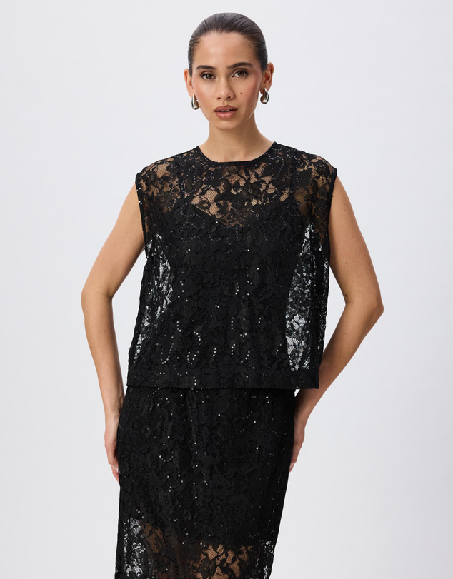 Tussah - Lauren Sequin Sheer Lace Cap Sleeve Top