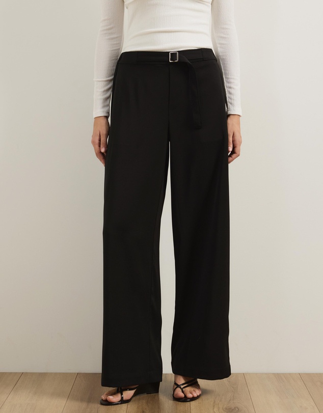 Atmos&Here - Nell Mid Rise Wide Leg Pants with Fabric Belt