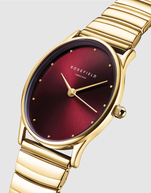 Rosefield - The Oval Burgundy Gold-Tone Half Moon Bracelet Watch