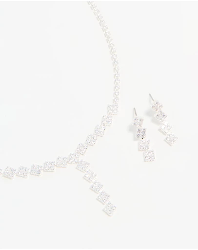 Lovisa - Silver Plated Cubic Zirconia Diamond Shaped Necklace & Earrings Set