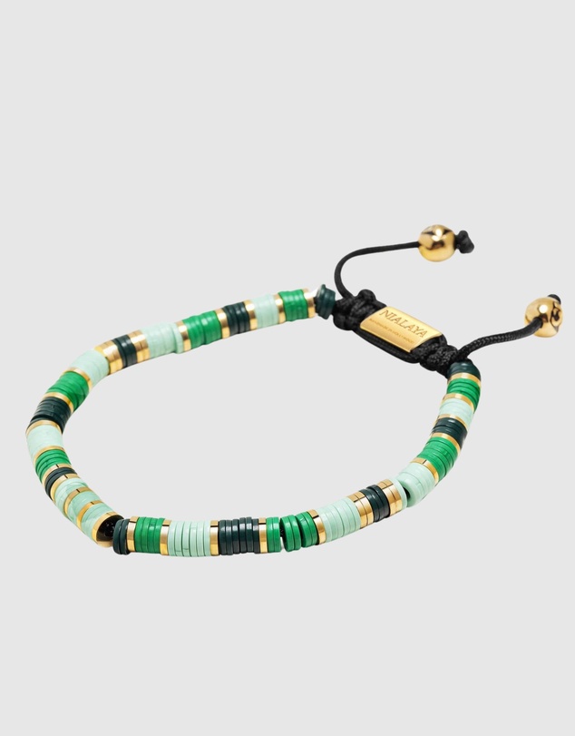 Nialaya Jewellery - Men's Beaded Bracelet with Green and Gold Disc Beads