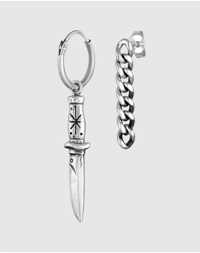 Haze & Glory - ICONIC EXCLUSIVE - Dagger and Chain Hoop Earrings in Oxidised 925 Silver