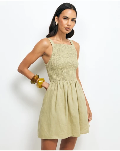 AERE - Mia Shirred Linen Mini Dress