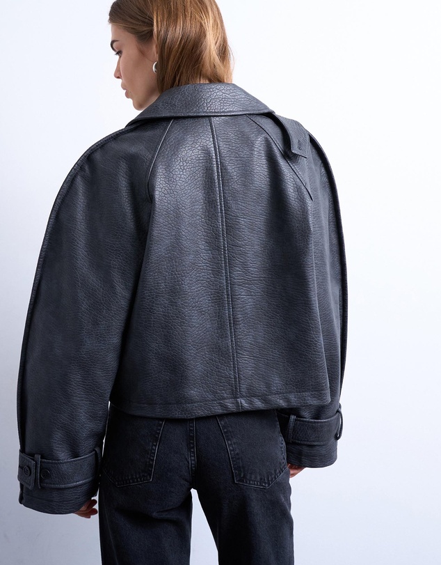 TOPSHOP - Faux Leather Ovoid Sleeve Short Trench Jacket