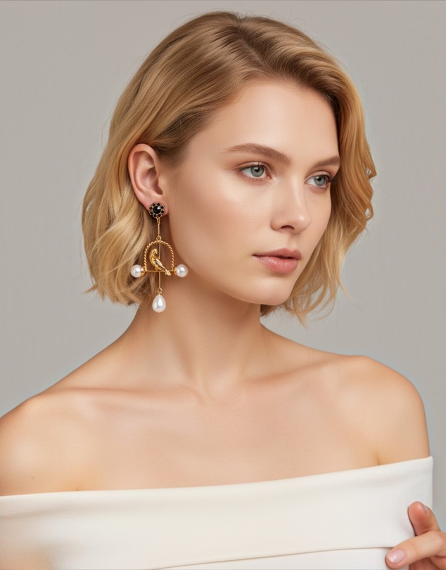Mossée - Delphine Gold Bird & Pearl Drop Earrings