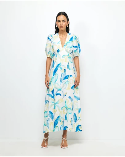AERE - Kira Puff Sleeve Linen Midi Dress
