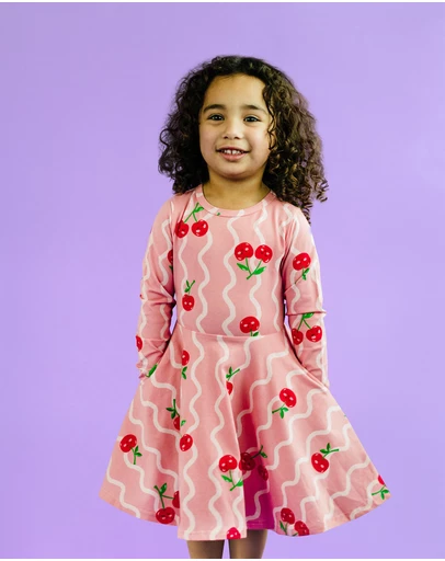Rock Your Kid - Cherry Squiggle Long Sleeve Waisted Dress