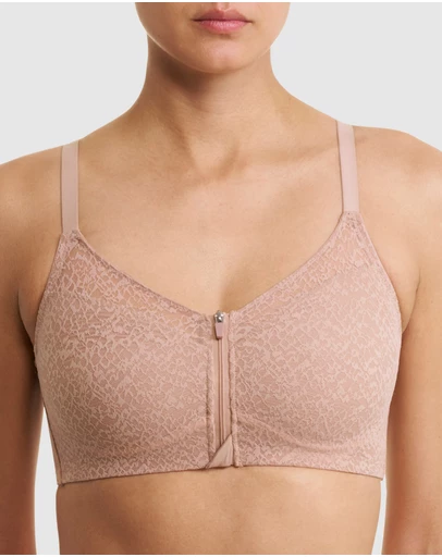 Natori - Pretty Smooth Zip Front Pocketed Post-Surgery Bra With Cotton & Lace