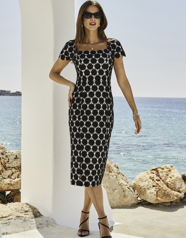 Sosandar - Lace Square Neck Pencil Dress