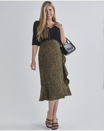 Angel Maternity - Christie Maternity Wrap Midi Skirt in Khaki Leopard Print