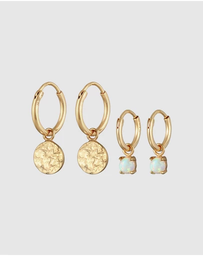 Elli Jewelry - Earrings Creoles Platelets Set of 2 with Opal in 925 sterling silver gold plated