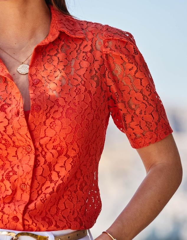 Sosandar - Short Puff Sleeve Lace Shirt