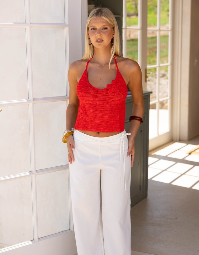 Beginning Boutique - Kiki Red Crochet Flower Halter Top