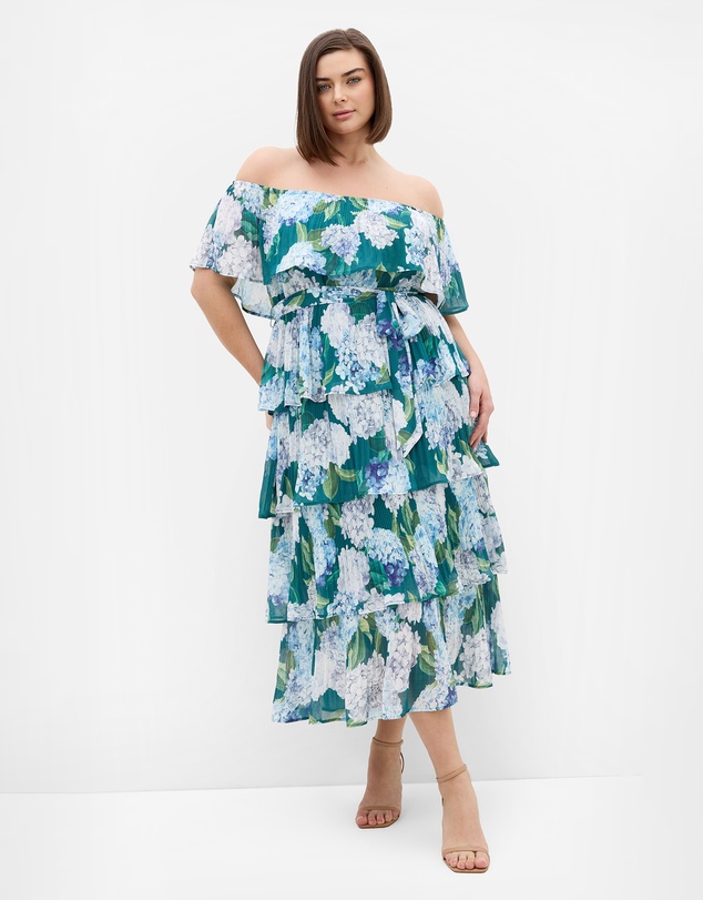 City Chic - Plus size Night Garden Print Tier Midi Dress - jade