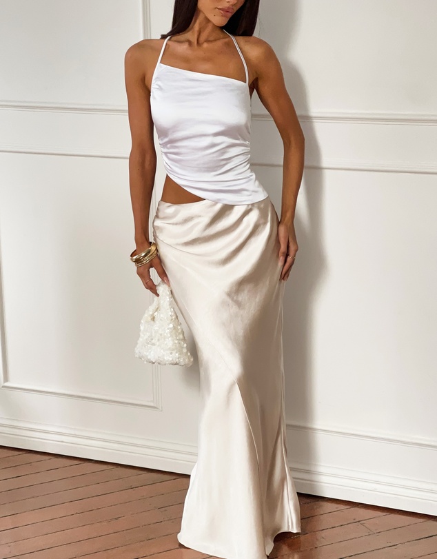 Beginning Boutique - Gracie White Contrast Satin Maxi Dress