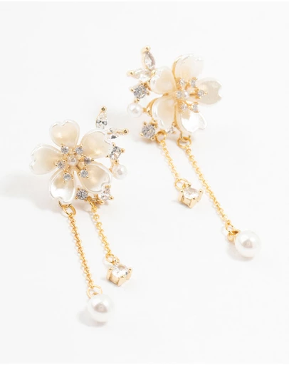 Lovisa - Gold Plated Acrylic Flower Pearl Drop Earrings
