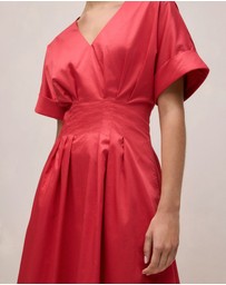 Trenery - Cotton Sateen Pleat Waist Dress in Crimson